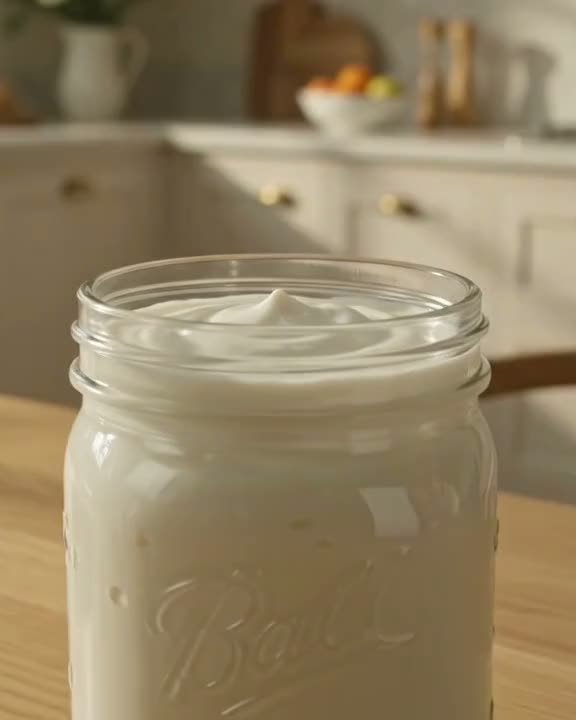 A spoon lifting fresh yogurt from a mason jar
