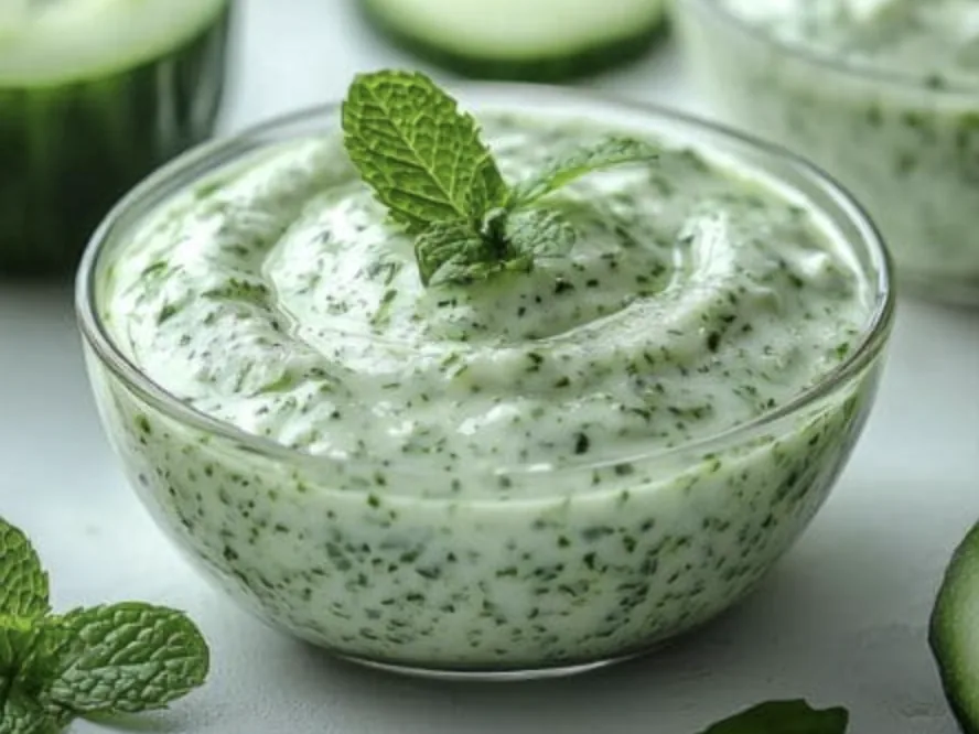 Pudina raita in a glass bowl, flecked with fresh mint and topped with a mint sprig